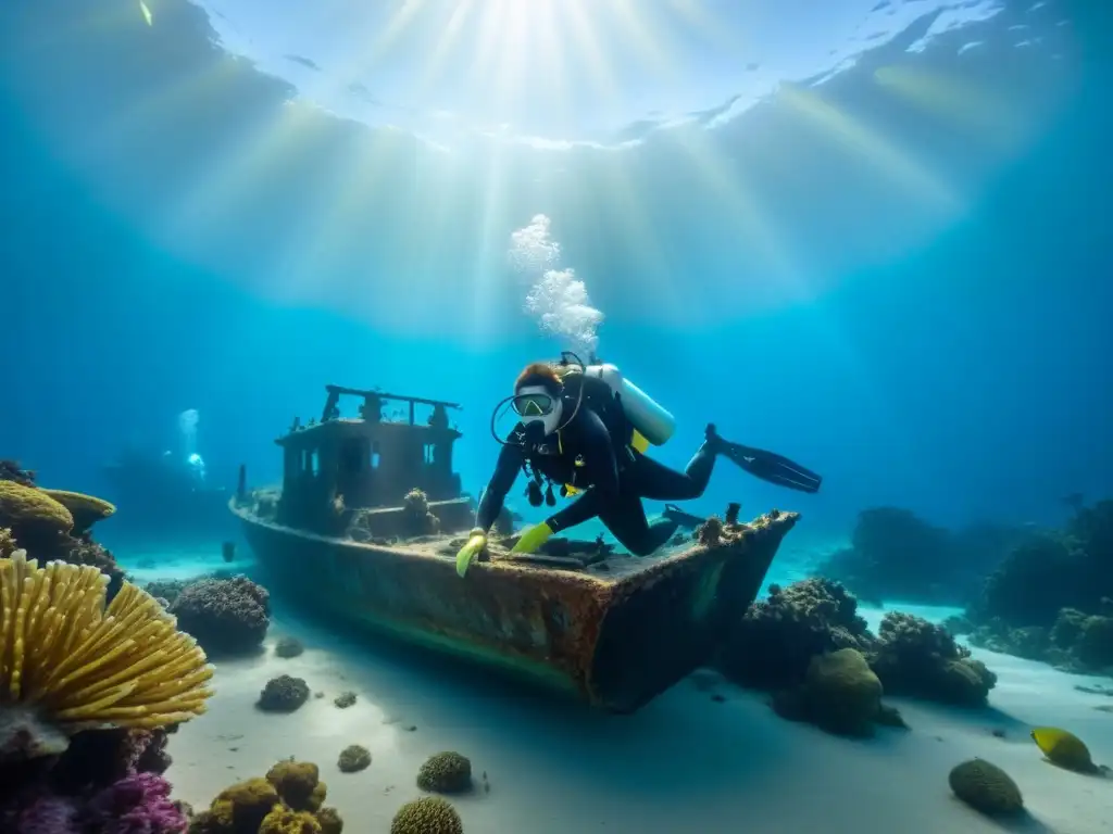 Exploración submarina en naufragios rodeada de vida marina vibrante, con rayos de sol creando un escenario cautivador