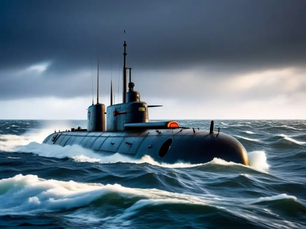 Un submarino alemán de la Segunda Guerra Mundial navega en aguas turbulentas, transmitiendo intriga y peligro