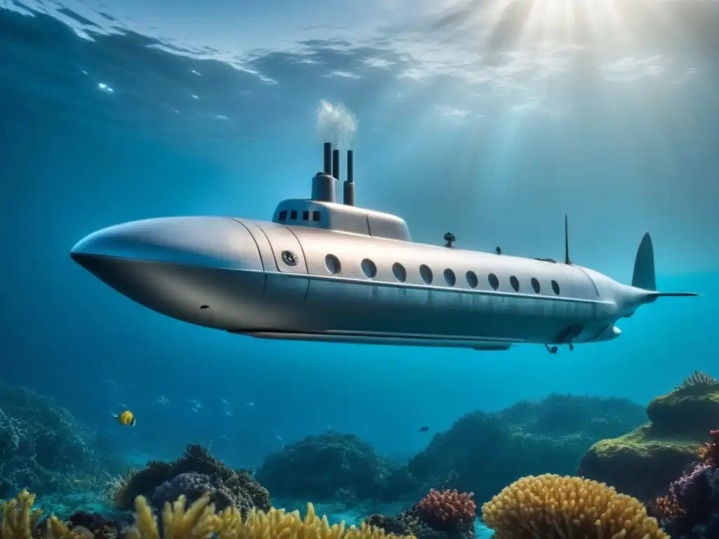 Un submarino futurista surca elegante las profundidades marinas, junto a criaturas bioluminiscentes