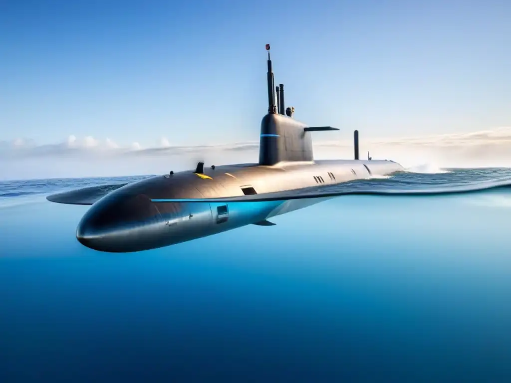 Un submarino nuclear de última generación surcando aguas cristalinas, con tecnología avanzada