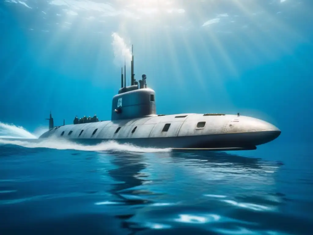 Un submarino plateado se desliza elegantemente bajo el agua azul cristalina, evocando la historia submarinos guerra mundial