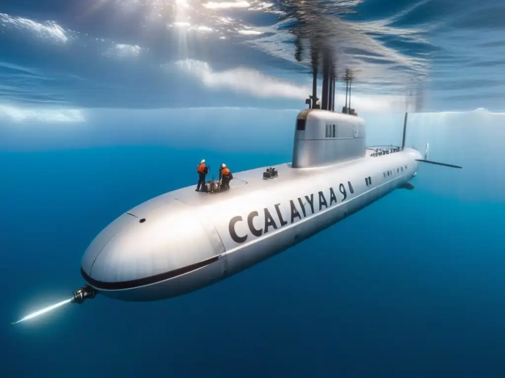 Un submarino plateado 'Calypso' navega elegante en aguas cristalinas, honrando a Jacques Cousteau exploración océano secretos