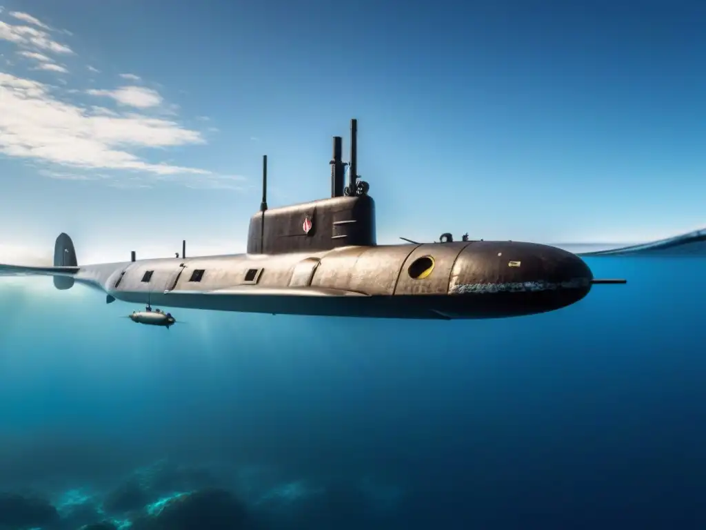 Un submarino de la Segunda Guerra Mundial se desliza con elegancia por aguas azules cristalinas, mostrando su periscopio y torpedos