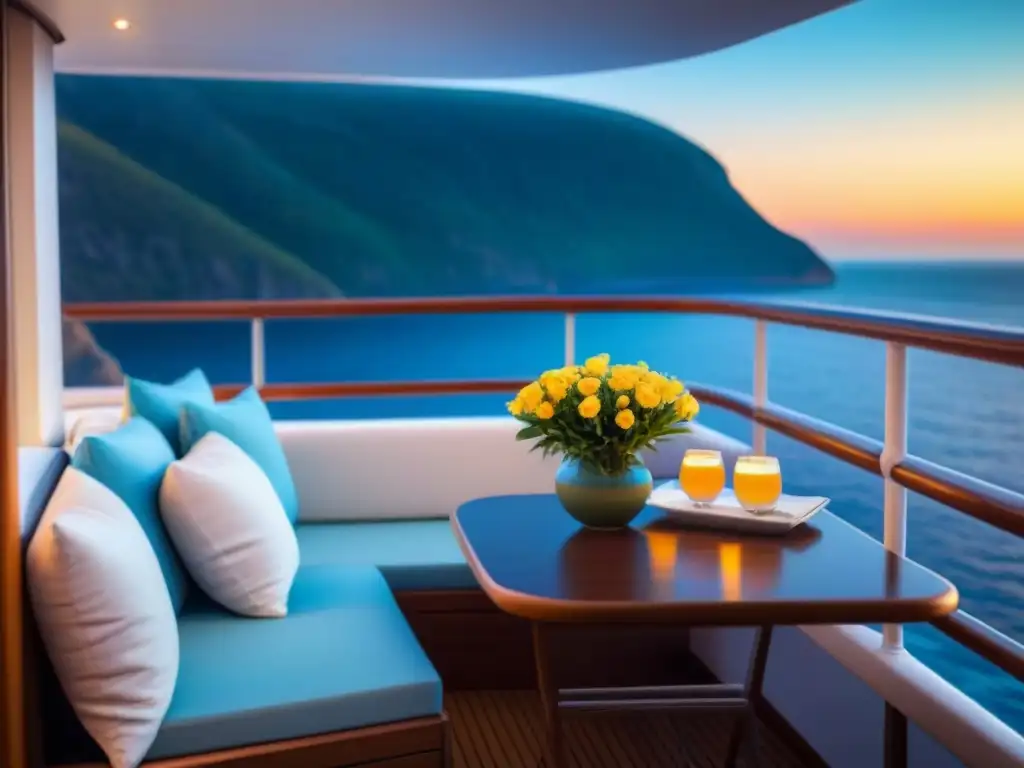 Suite con balcón en crucero: atardecer lujoso con cojines, vajilla elegante y flores frescas, vista al mar sereno