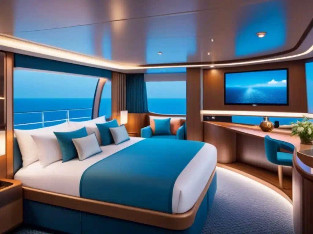 Suite de crucero de lujo con avances tecnológicos en suites cruceros: innovación y elegancia en un ambiente moderno y sofisticado