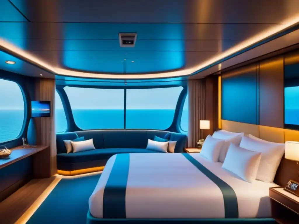 Una suite de crucero de lujo con diseño moderno y tecnología avanzada, con ventanales que muestran vistas al mar