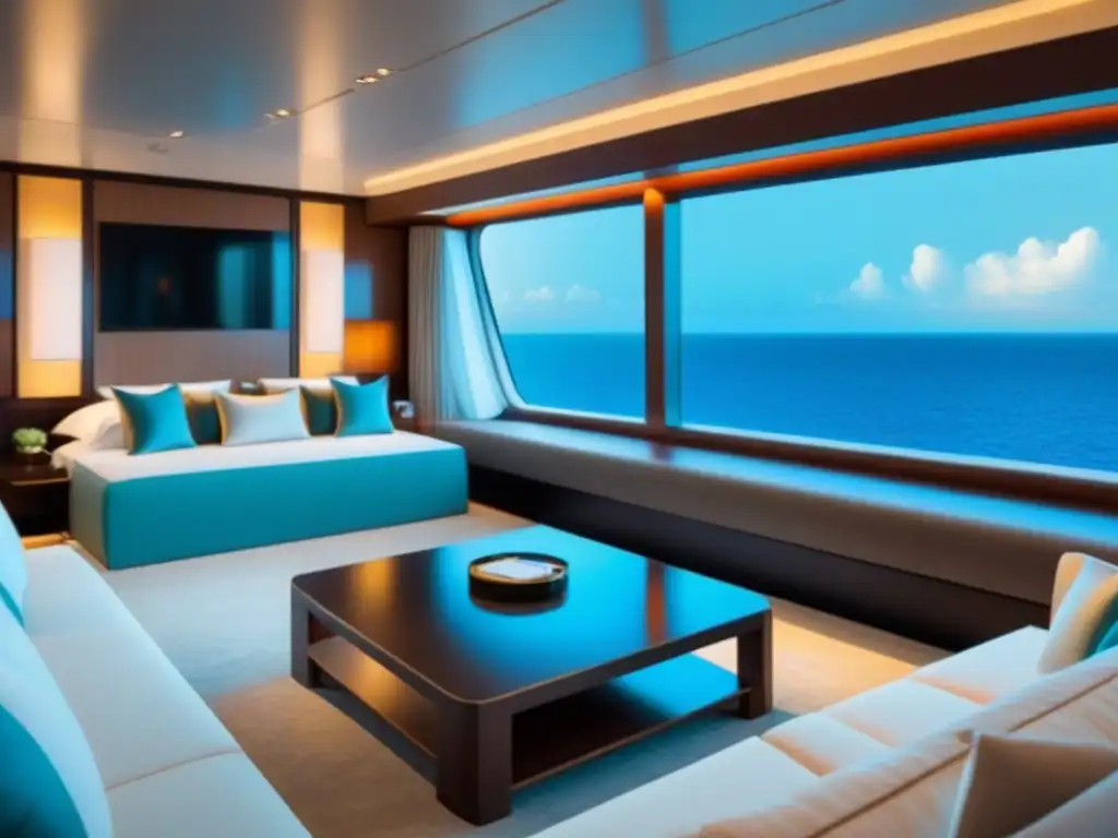 Suite de crucero de lujo con diseño moderno, ventana panorámica y vista a aguas turquesas