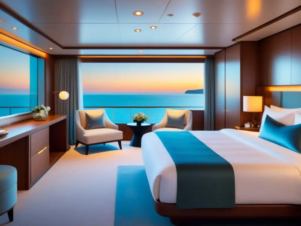 Una suite de crucero de lujo con cama king-size, baño moderno y balcón privado, decorada con elegancia y tranquilidad