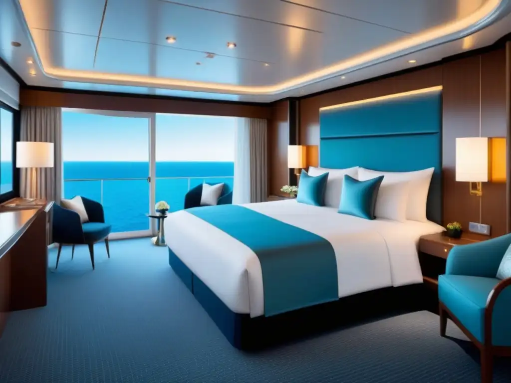 Suite de crucero de lujo con tecnología avanzada y elegancia moderna