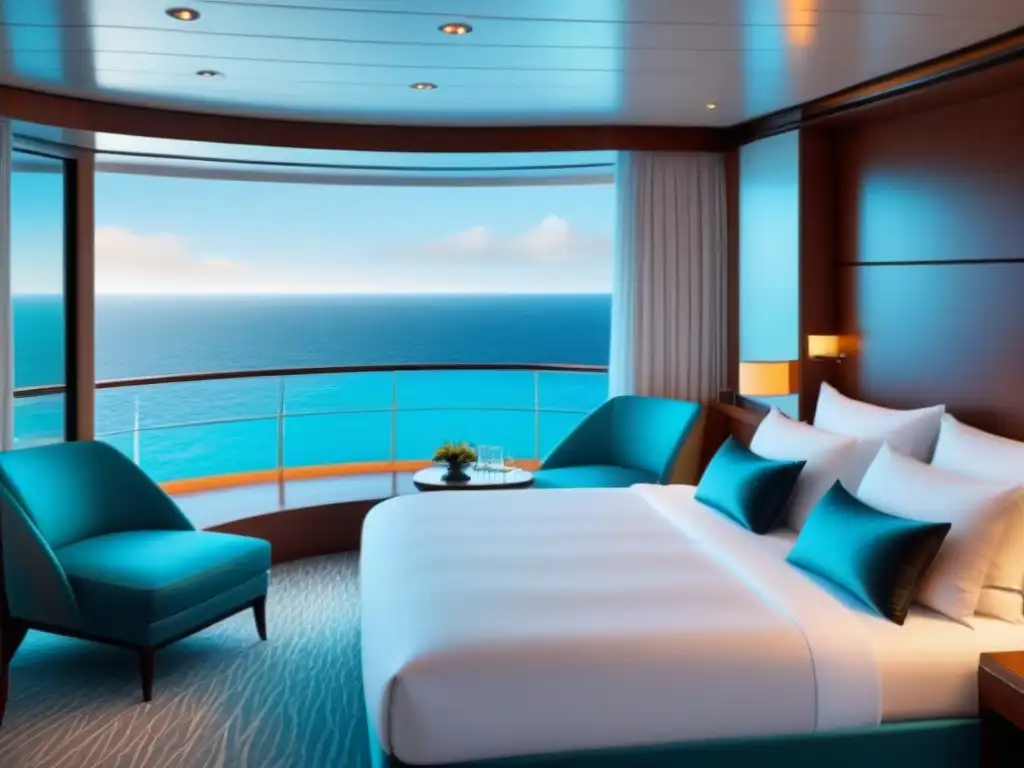 Una suite de crucero de lujo con vista al mar turquesa, elegante y moderna