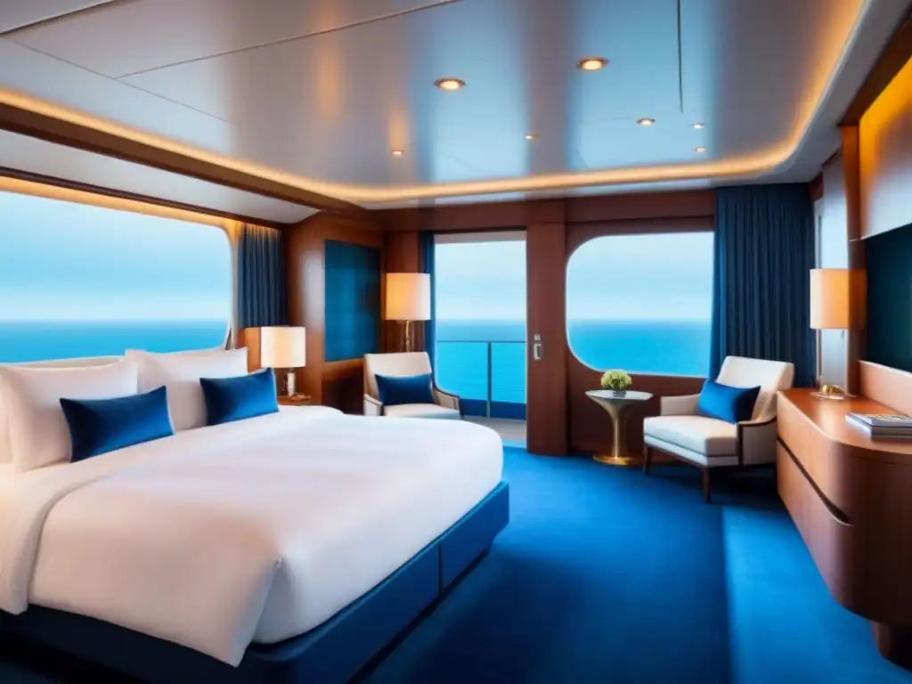 Suite de crucero de lujo con vistas al mar, cama king-size, balcón privado, decoración elegante en tonos neutros y toques de azul y oro