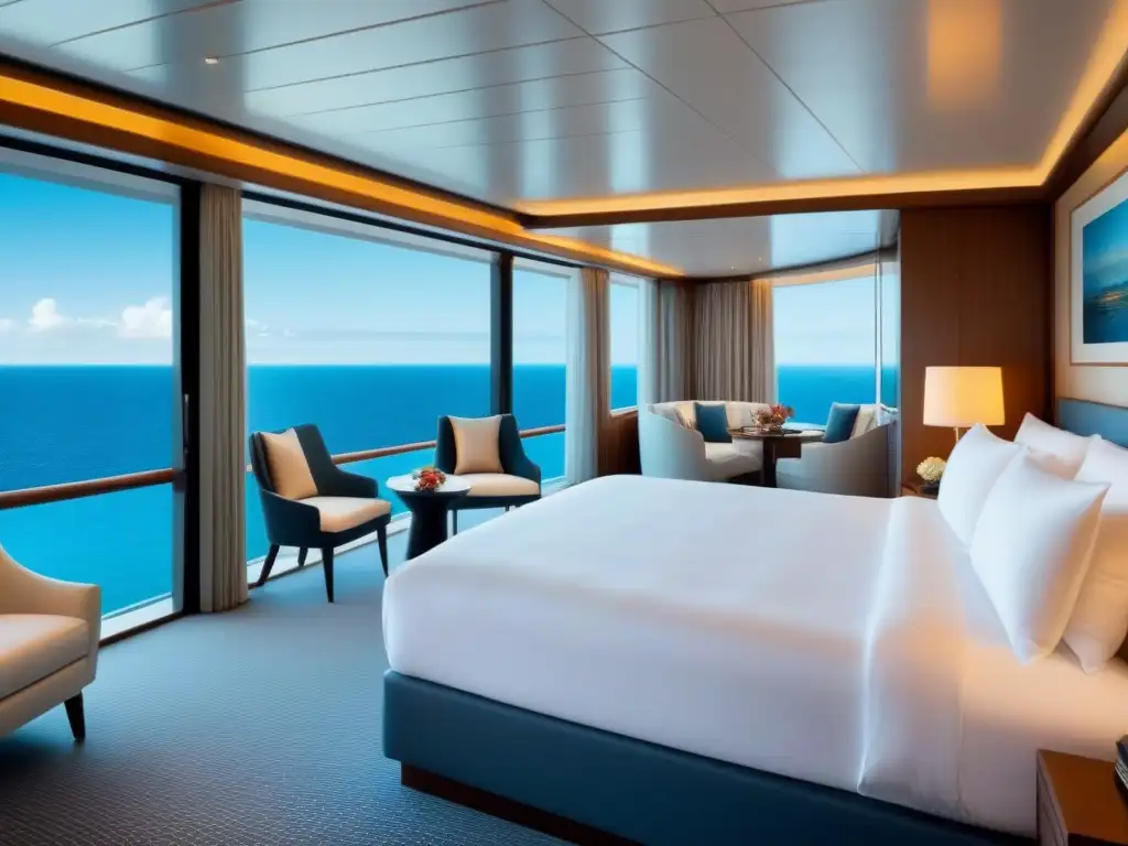 Suite de crucero de lujo con vistas al mar, mobiliario elegante, balcón privado y decoración sofisticada