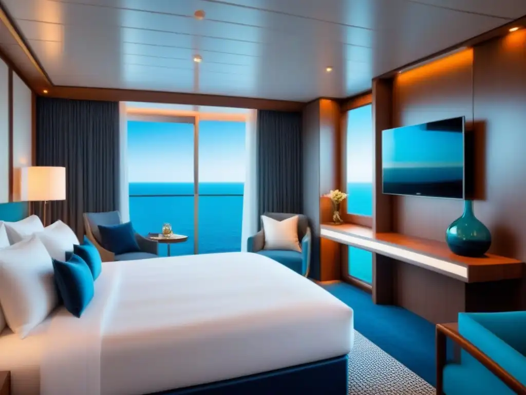 Suite de crucero lujosa con vistas al océano, cama mullida y decoración moderna en un ambiente exclusivo y sereno