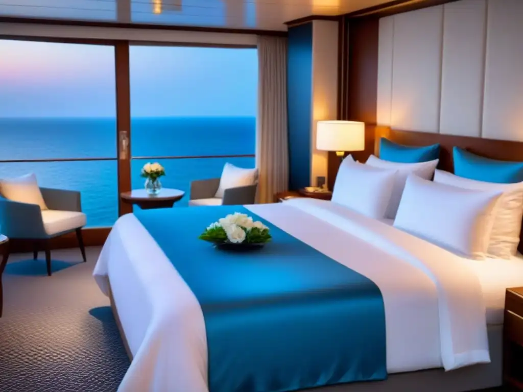 Suite de crucero con servicios premium: cama king, balcón con vista al mar, decoración elegante en crema y azul suave