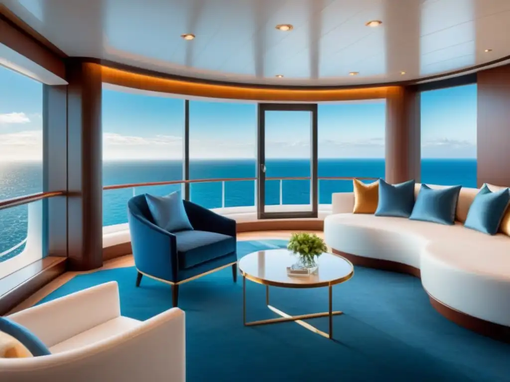 Suite de crucero con vistas al mar, elegante y serena, con muebles modernos, cama king size y balcón privado