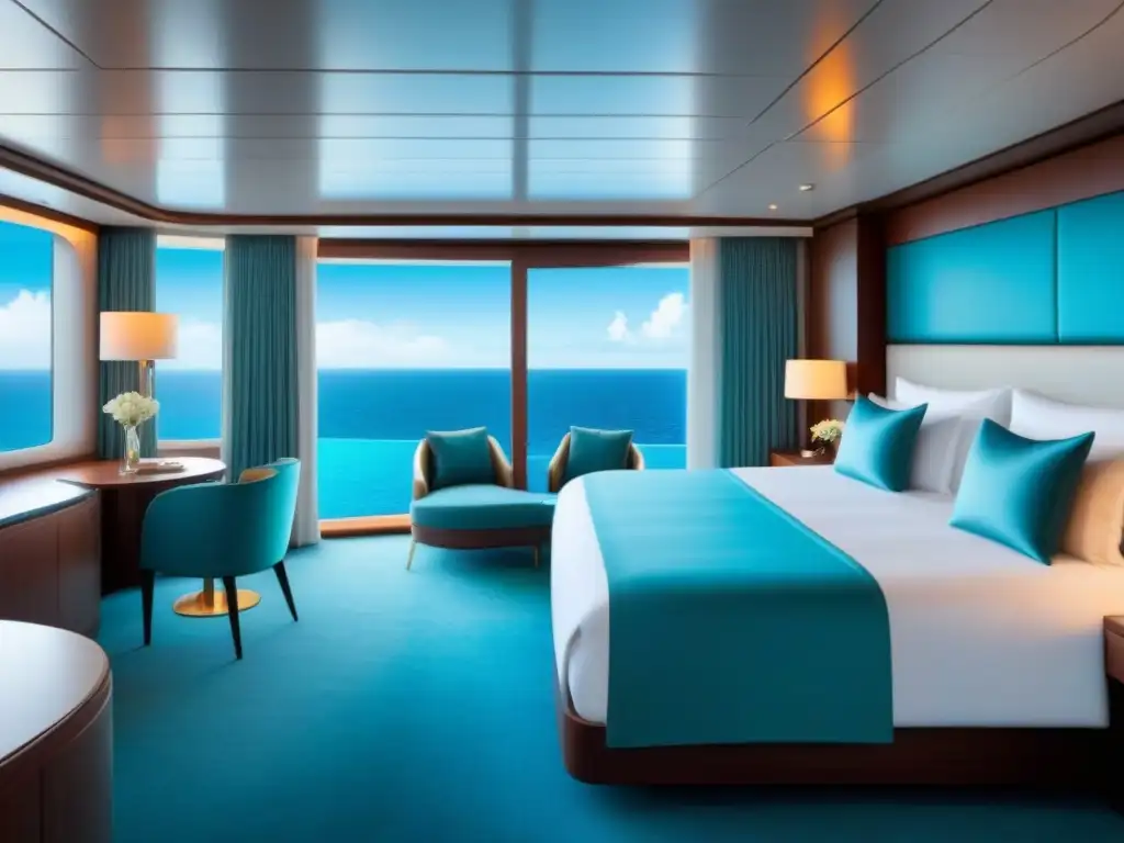 Una suite de crucero con vistas al océano, elegante y serena