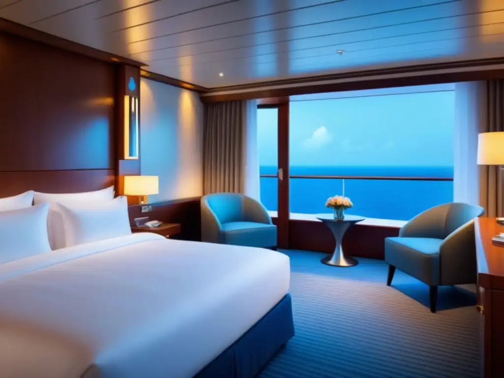 Suite exclusiva en crucero: amplia habitación con cama king, decoración elegante, ventana panorámica y balcón privado frente al mar