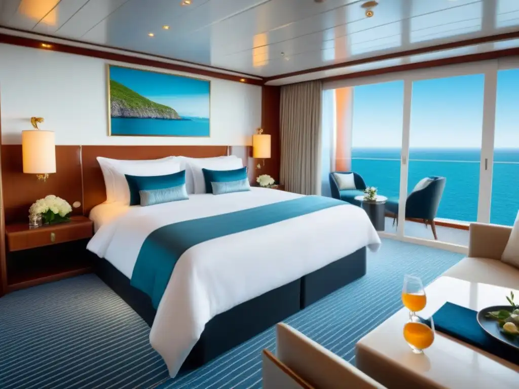 Una suite exclusiva en crucero con cama kingsize, balcón privado y elegante decoración