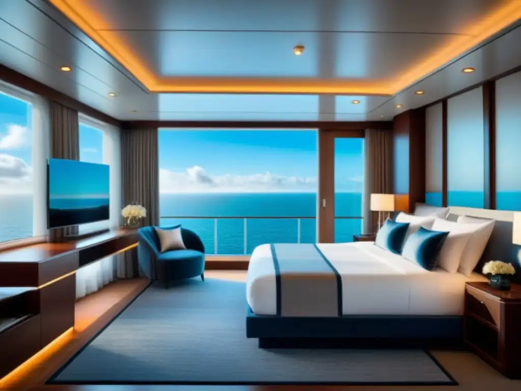 Suite exclusiva en crucero de lujo con cama king size, lámparas elegantes y vista panorámica al mar