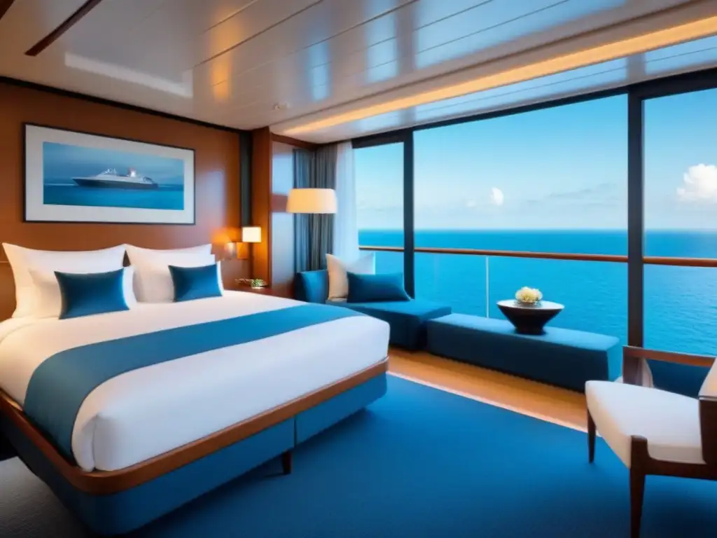 Suite exclusiva en crucero de lujo con cama king, sala elegante, vista al mar, baño moderno y balcón privado