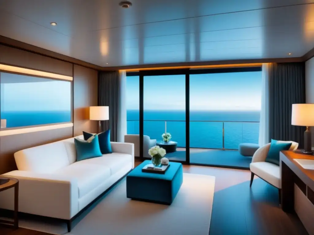 Suite exclusiva en crucero con ventanales al mar, cama king, sofá moderno, comedor y decoración elegante en tonos neutros