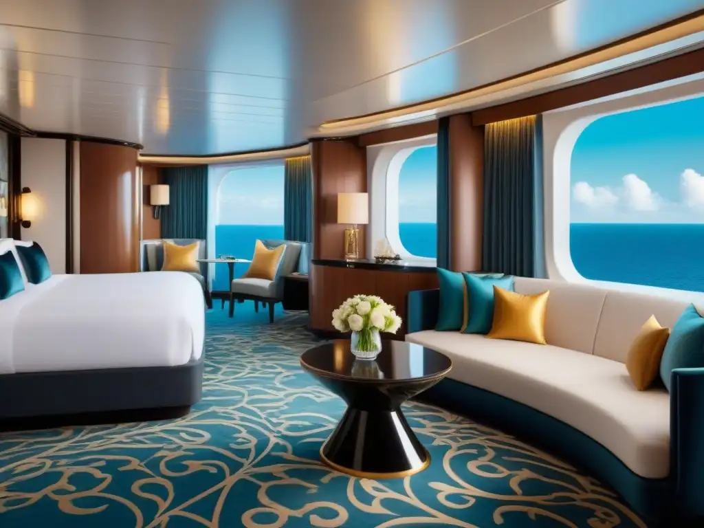 Suite exclusiva de diseño en cruceros lujosos secretos, elegante y lujosa con detalles en oro y negro, cama king size y vistas al mar