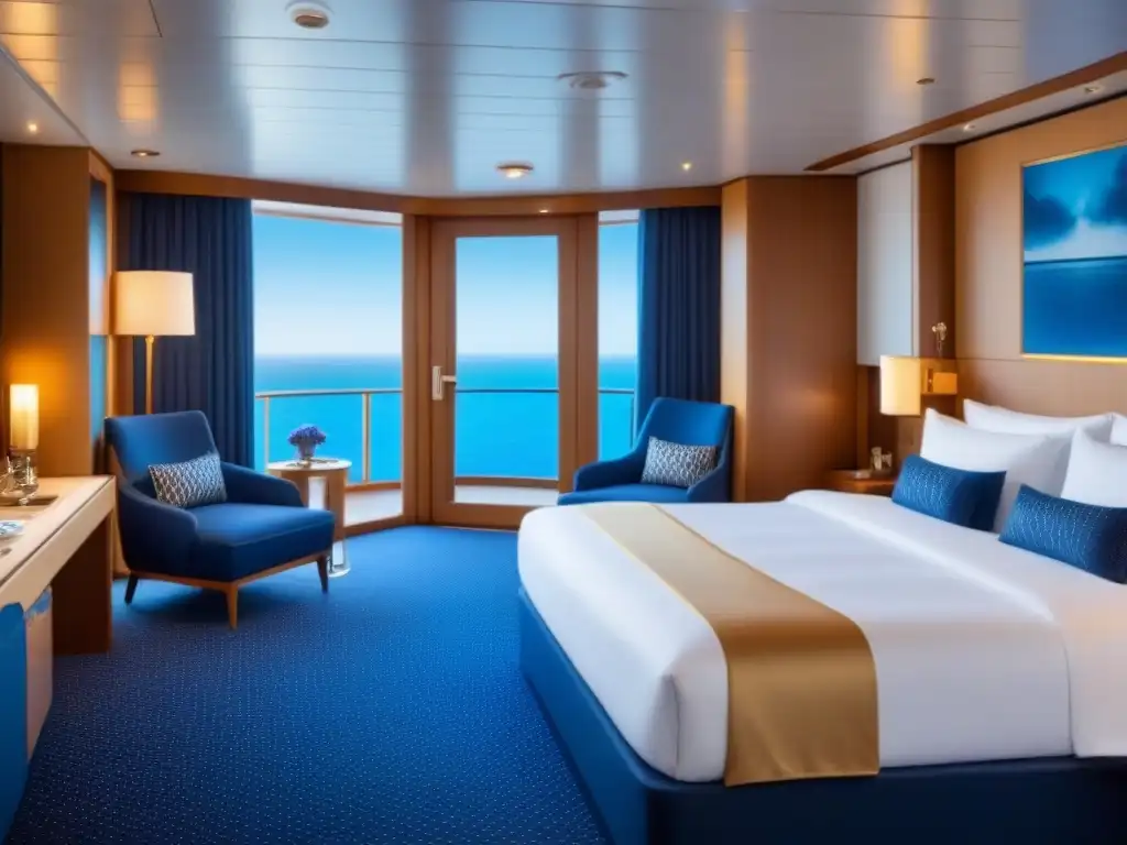 Suite extravagante en crucero: cama king size, balcón privado con vista al mar, decoración elegante y lujoso baño con jacuzzi