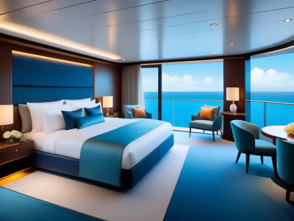 Suite extravagante en crucero con vista al mar, cama king, jacuzzi en balcón y baño lujoso