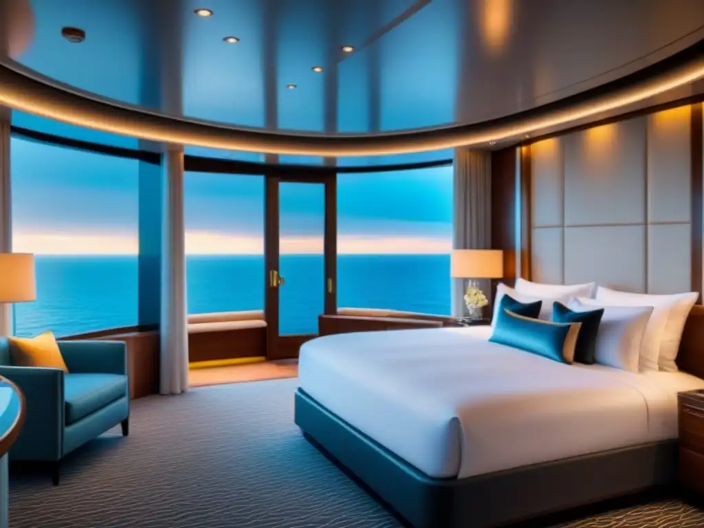 Una suite extravagante en crucero con vista al mar, cama king size, jacuzzi privado y diseño moderno con toques de oro y mármol