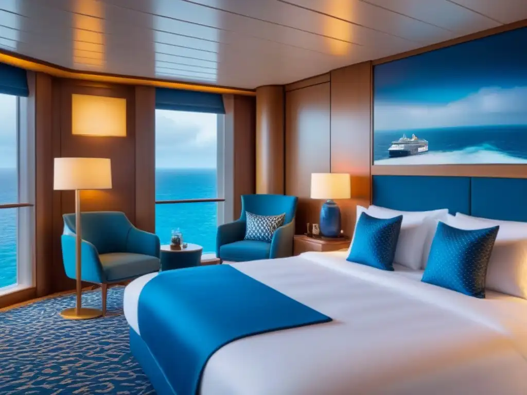 Suite extravagante en crucero con vistas panorámicas al mar, cama king size, sala moderna y balcón privado con jacuzzi