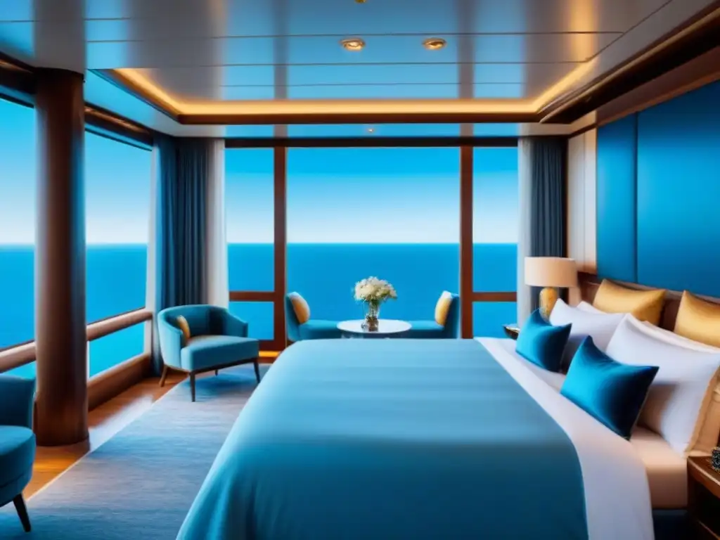 Una suite de lujo en crucero, con cama king-size, decoración elegante, ventanales al mar y jacuzzi