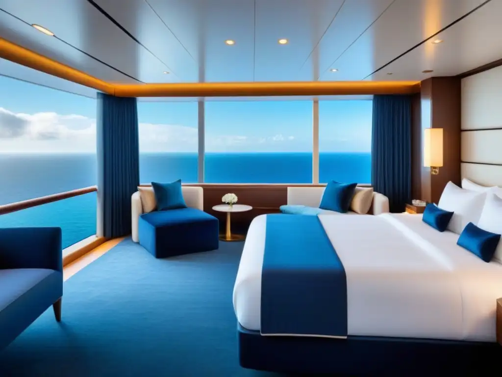 Suite de lujo en crucero con diseño contemporáneo, cama king size, vistas al mar y baño moderno