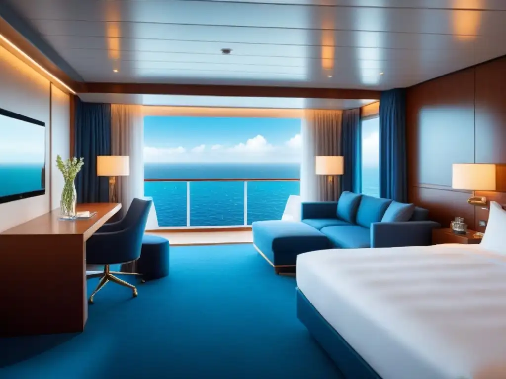 Suite de lujo en crucero con cama king, balcón privado y decoración elegante en tonos neutros y azul océano