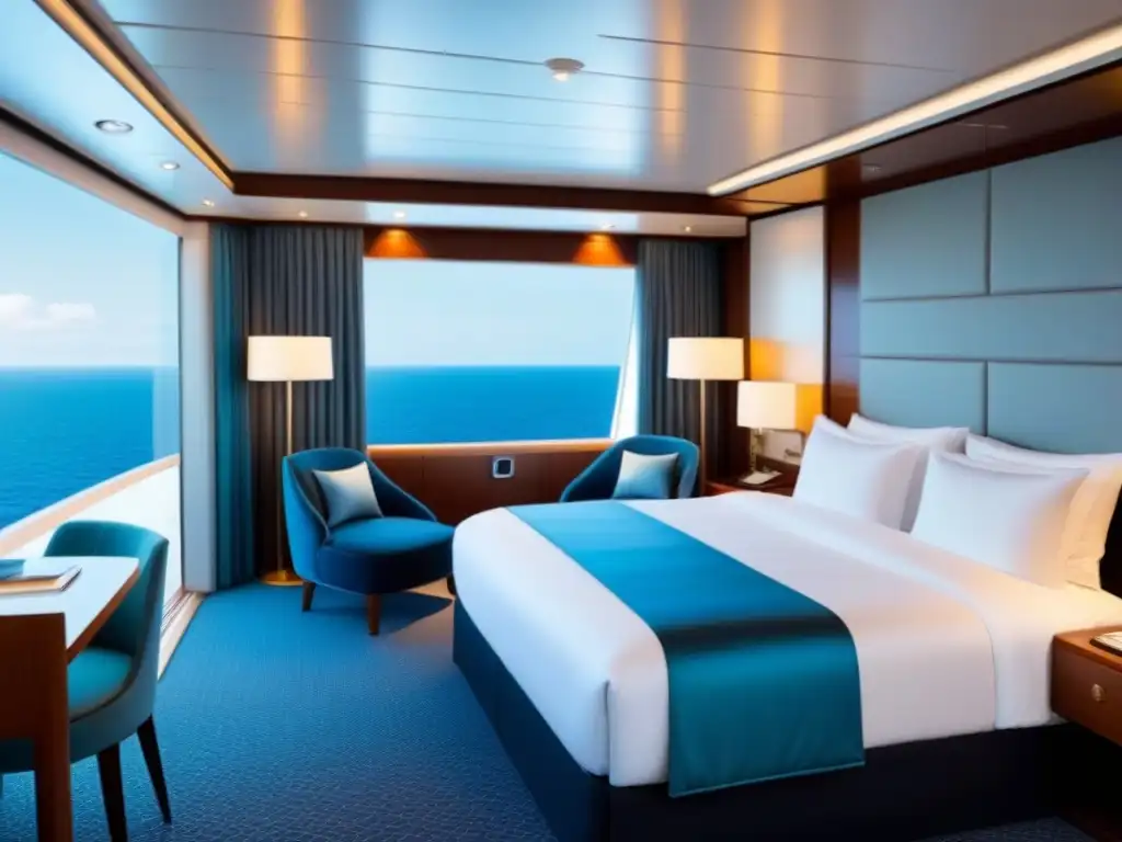 Suite de lujo en crucero con tecnología de vanguardia, minimalismo elegante y vistas al mar