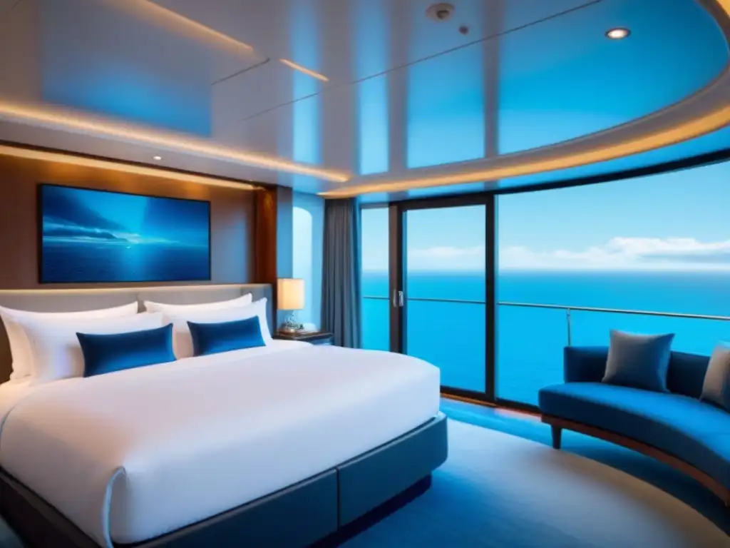 Suite de lujo en crucero con vista al mar desde ventanales, cama king, jacuzzi en balcón privado y decoración elegante en tonos azules y blancos