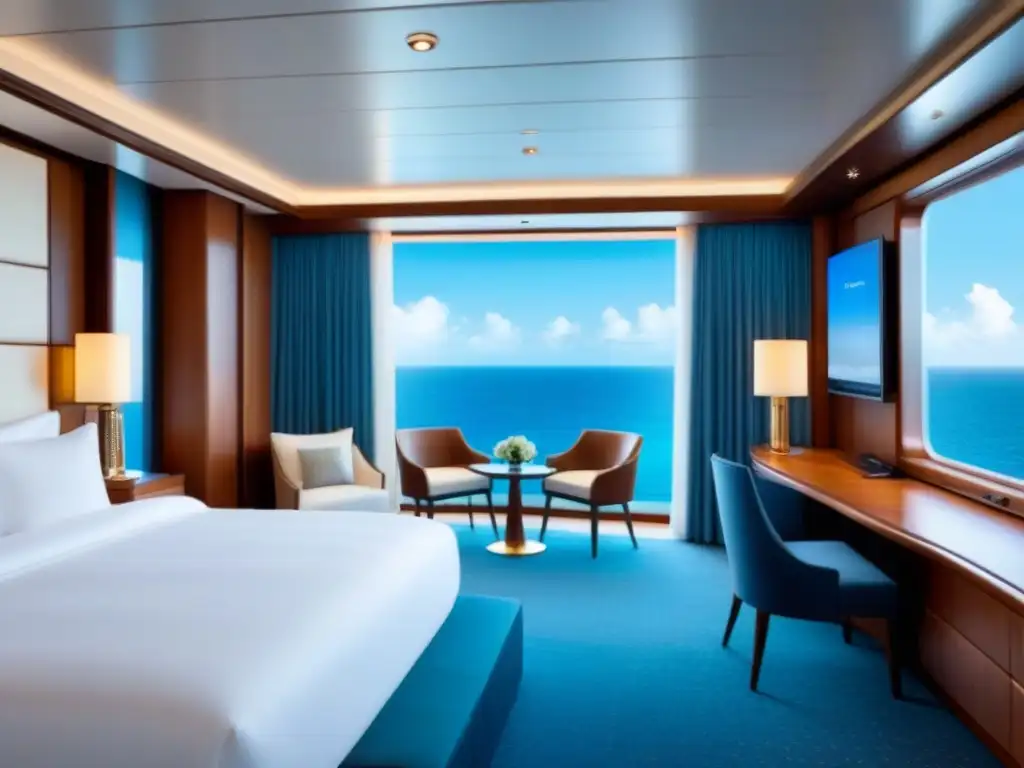 Suite de lujo en crucero con vista al océano, cama king size, decoración moderna y balcón privado