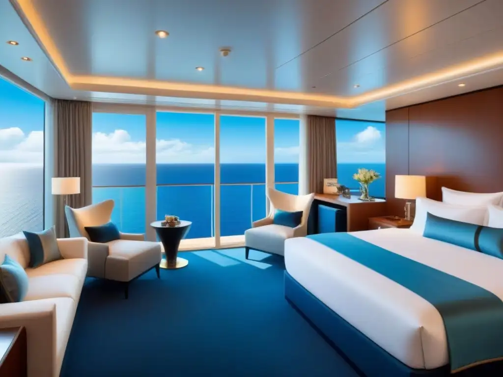 Suite lujosa en crucero con vista al mar, decoración moderna en tonos neutros y toques de color