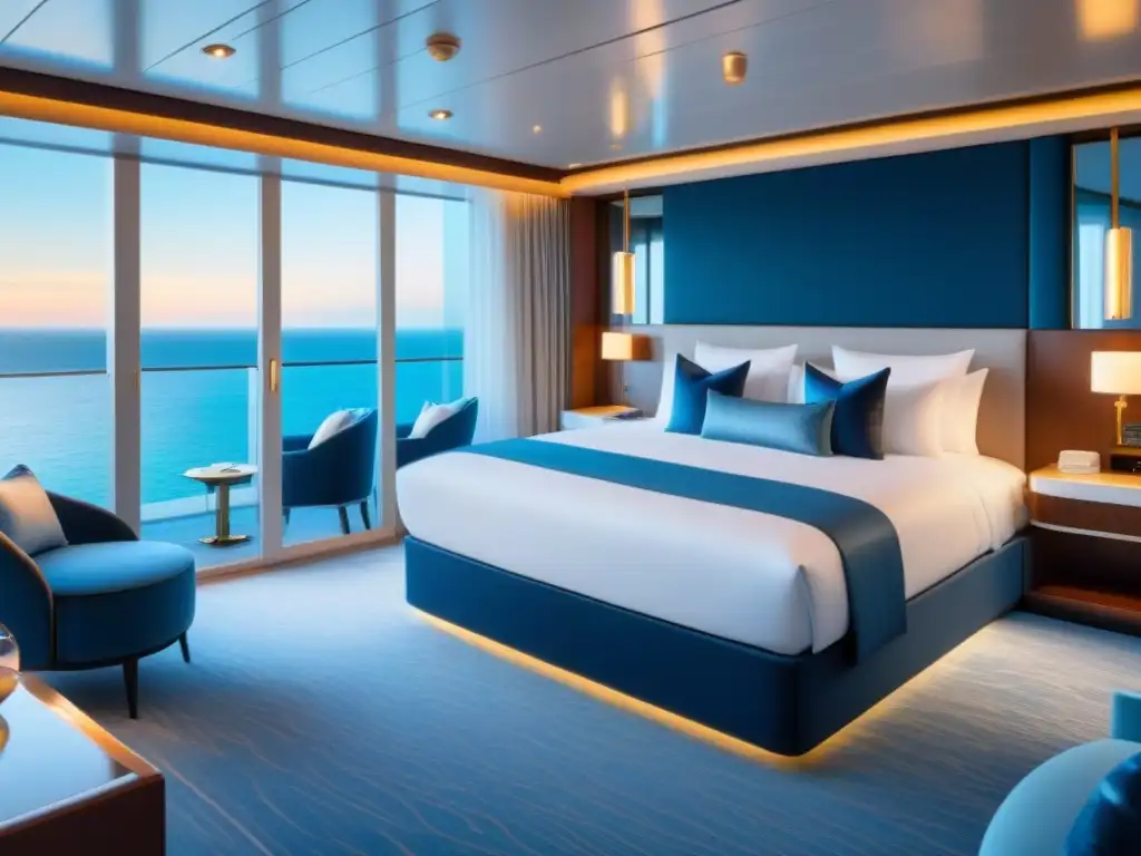 Suite lujosa en crucero con vistas al mar, decoración elegante y jacuzzi