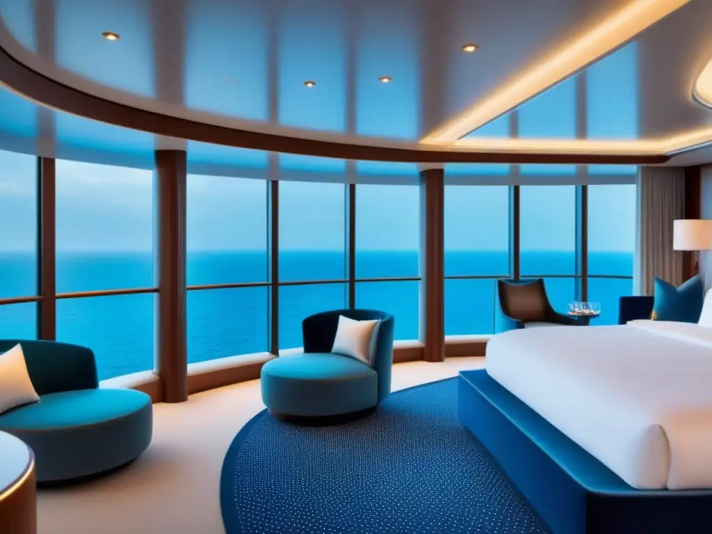 Suite de crucero de lujo con cena gourmet y vista al mar Suite lujosa en crucero con vistas al mar, decoración elegante, experiencias culinarias exclusivas cruceros