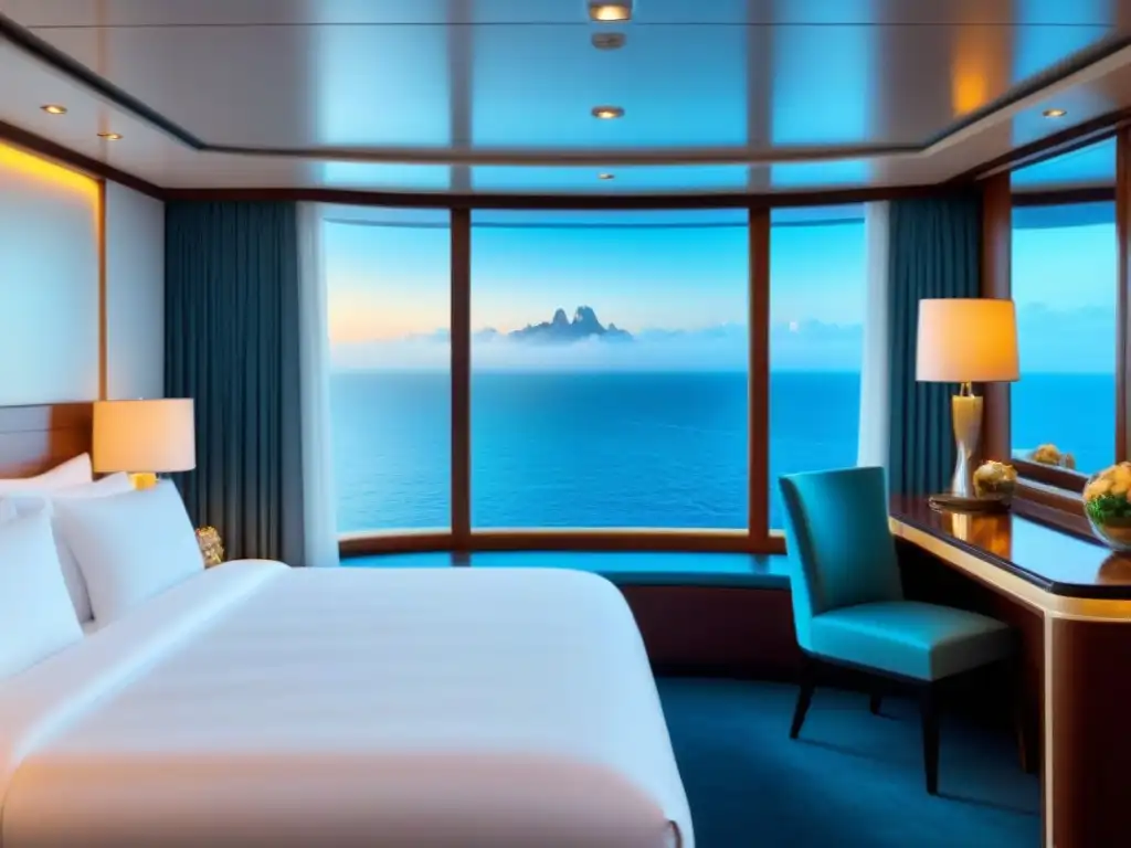 Suite perfecta crucero lujo: Exquisita cena gourmet, cama king size y vistas al océano desde ventanas de piso a techo