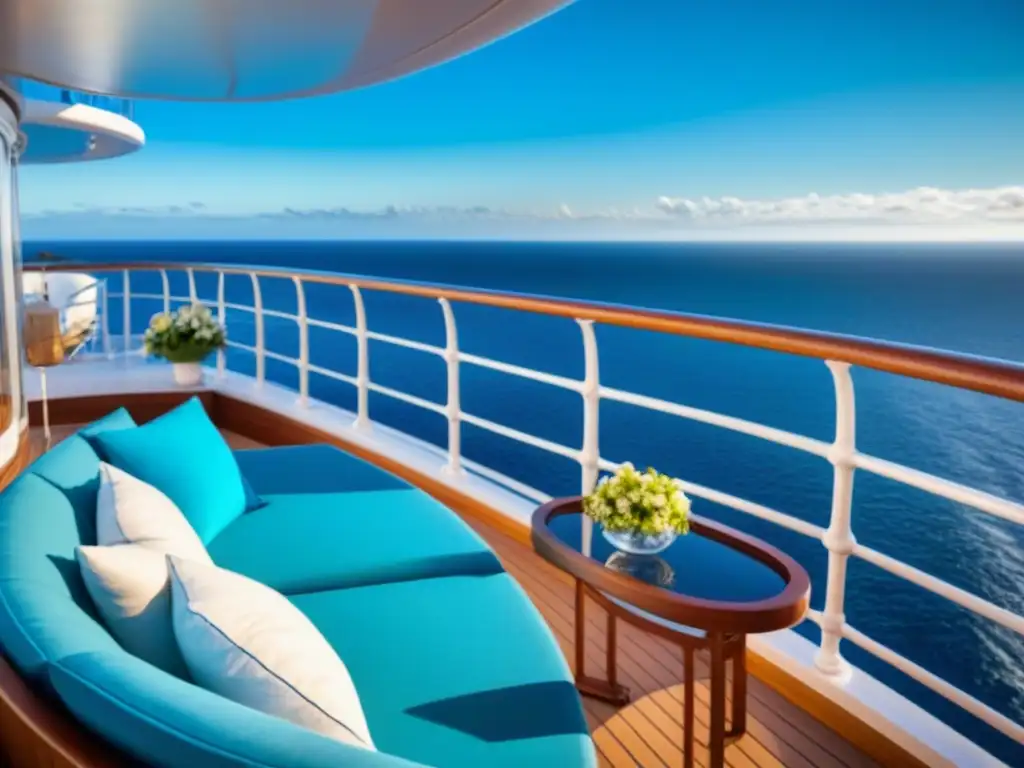 Suite perfecta crucero lujo: Balcón elegante con sofá, cojines, mesa con flores frescas y vista al mar interminable bajo cielo azul