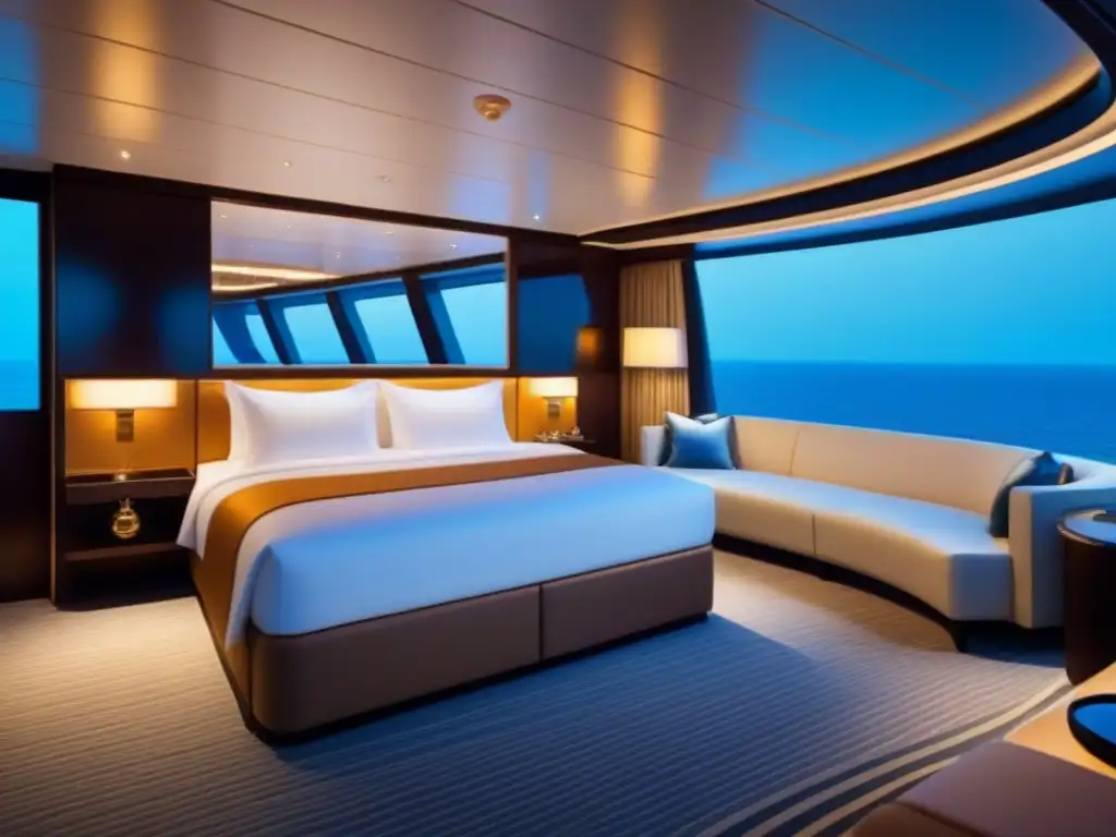 Una suite perfecta en un crucero de lujo, con ventanales al océano, muebles elegantes y ambiente tranquilo