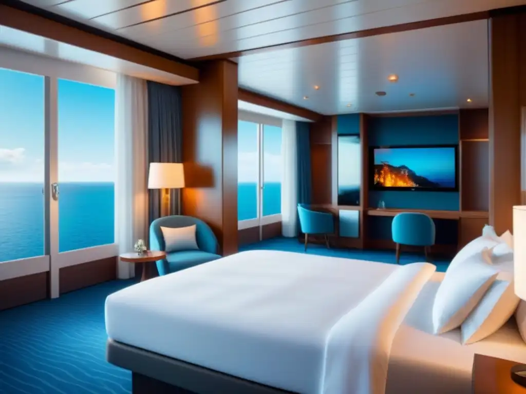 Suite perfecta para un crucero de lujo: elegancia y comodidad en un entorno sereno con vistas al mar