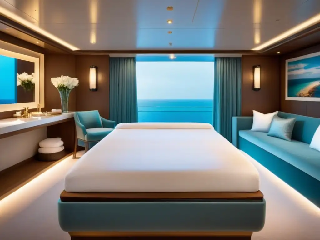 Suite de spa elegante en crucero de lujo con balcón privado, mesa de masajes, bañera con pétalos de rosa y productos premium