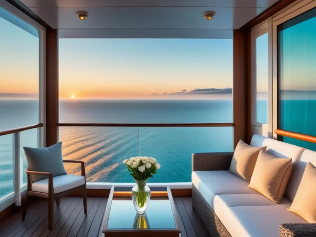 Suites con balcón en cruceros: Exquisita terraza con vista al mar, elegante mobiliario y puesta de sol vibrante