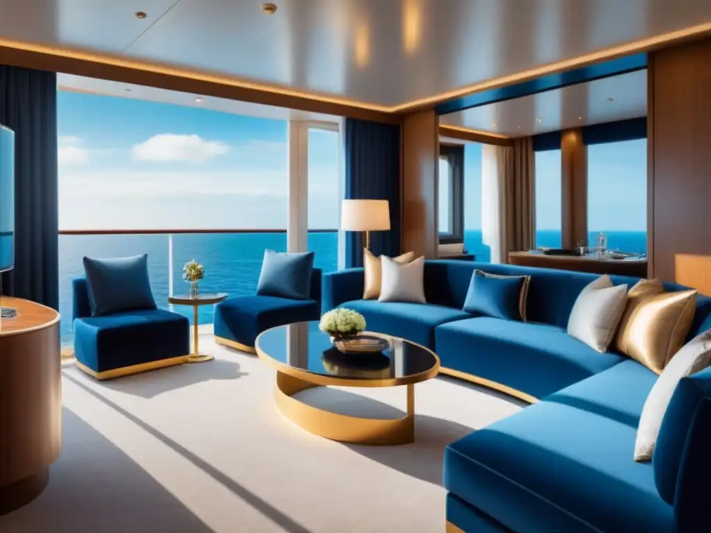 Suites extravagantes en cruceros: Opulencia y lujo en una suite de diseño moderno con vista al mar y decoración elegante