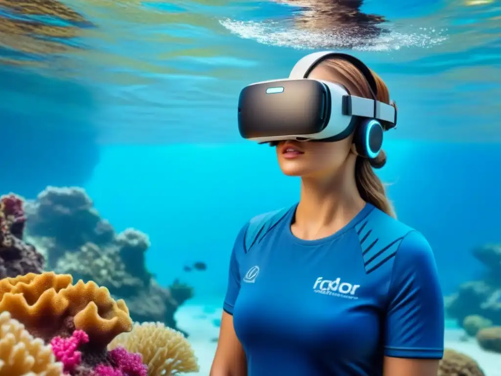 Sumérgete en experiencias VR turismo marítimo: corales, peces y un barco hundido en aguas cristalinas, todo proyectado en un casco futurista