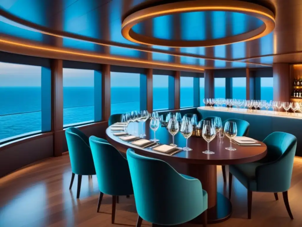 Suntuosa sala de catas de vinos en crucero, con copas elegantes y vista al mar