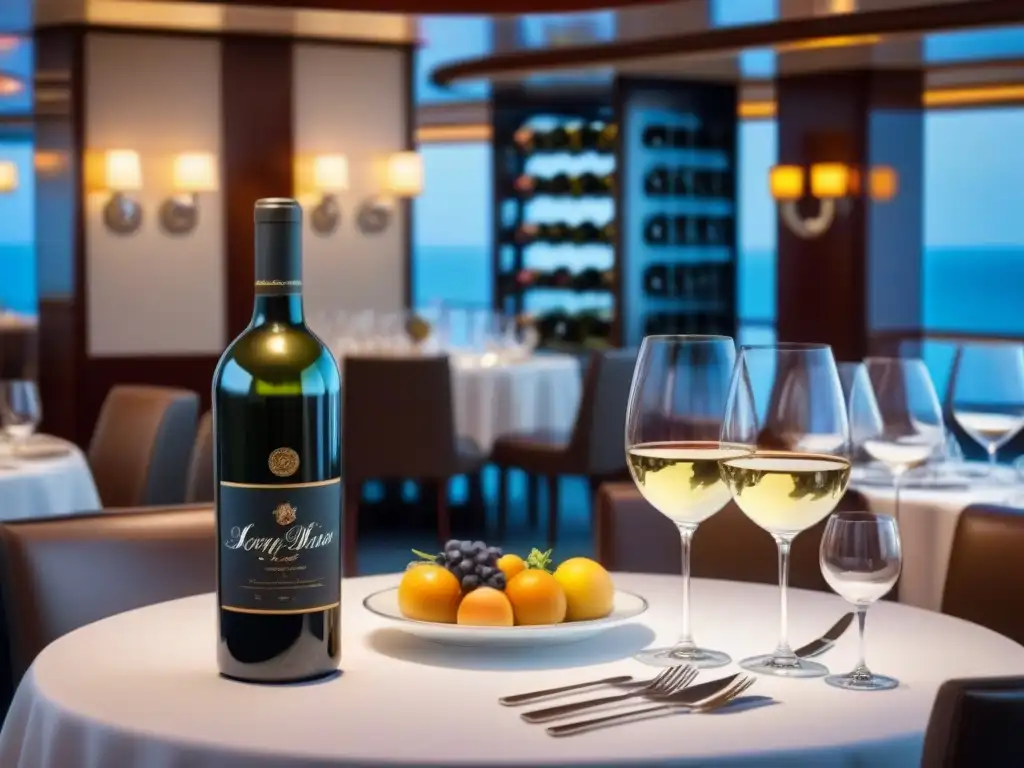 Suntuoso salón de comedor de un crucero, ambientado con elegantes arreglos florales y vinos exquisitos en un moderno mueble