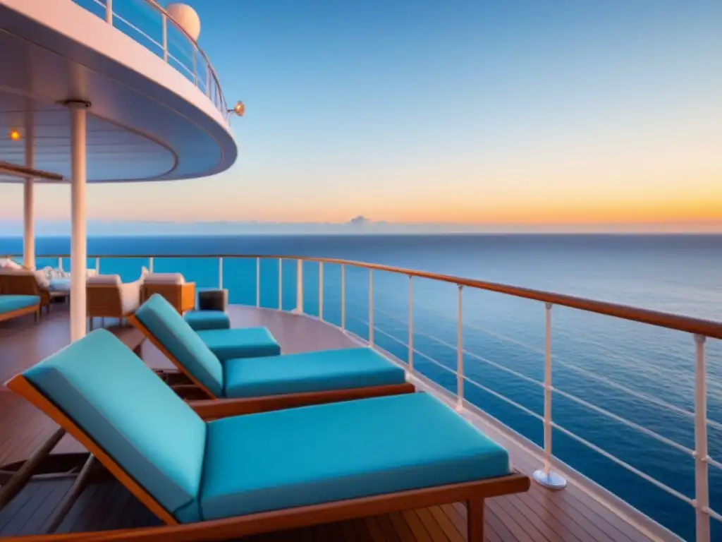 Deck de crucero exclusivo al atardecer: lujo y elegancia Suntuoso crucero de lujo al atardecer, con servicios exclusivos cruceros lujo